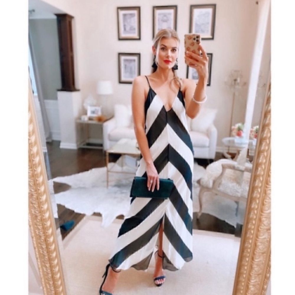 Christopher John Roberts Black White Chevron Slip Maxi Dress NEW